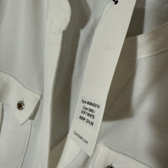 NWT Calvin Klein Top XL Soft White V-Neck Roll Tab Sleeve Career Office Button - Picture 4 of 11